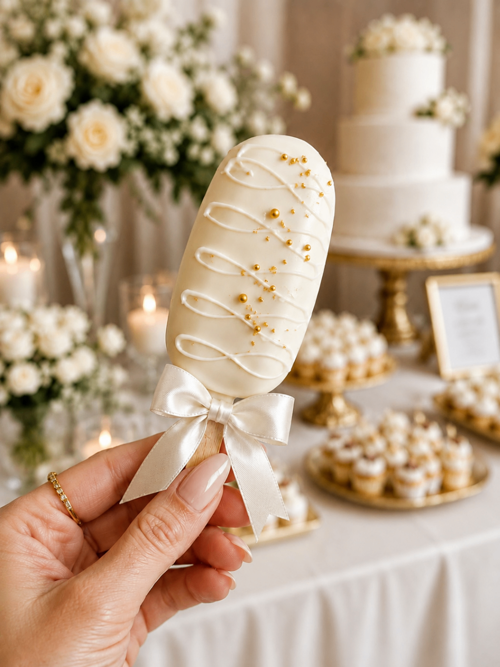 White wedding cakesicle held in front of a floral dessert table