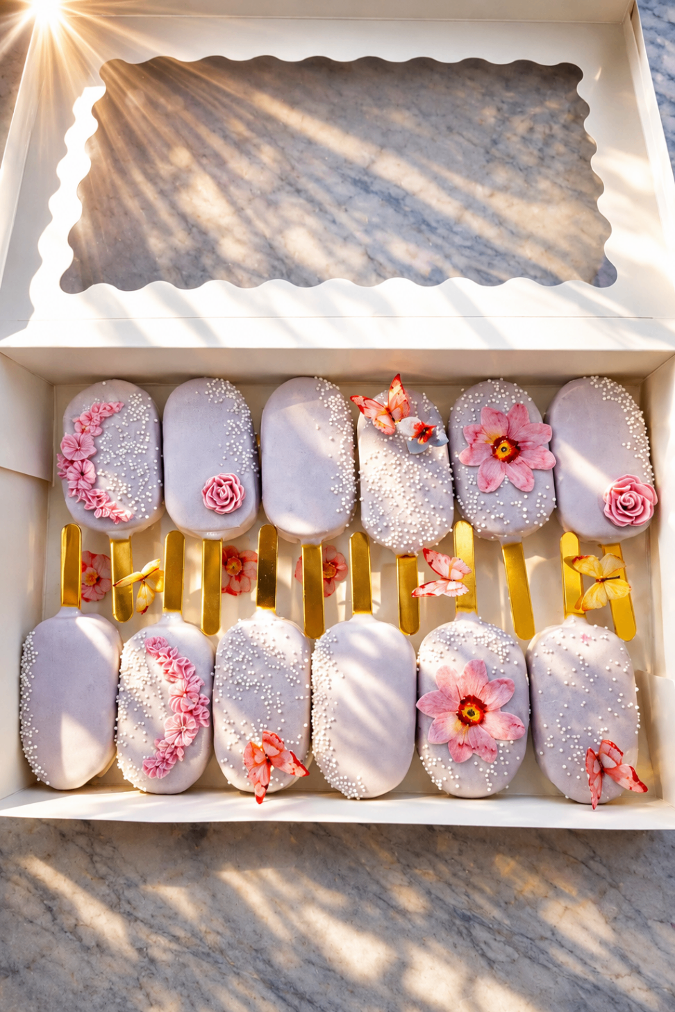 Lavender butterfly cakesicle box with pearl sprinkles and floral butterflies