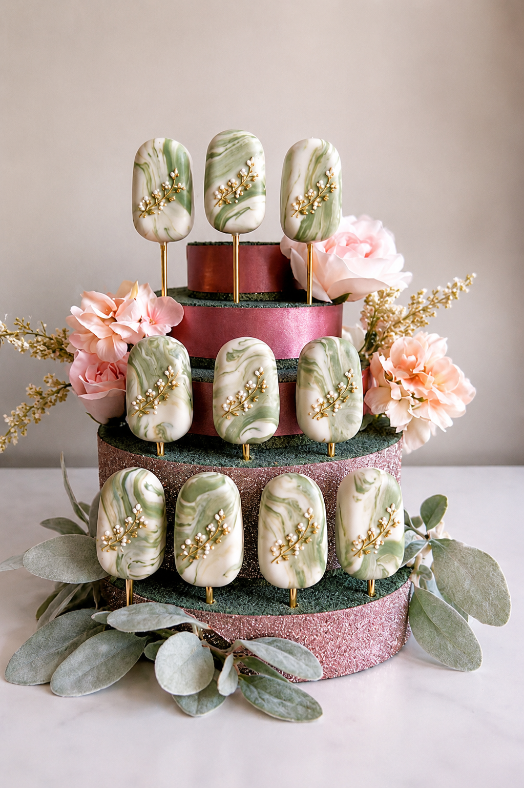 Three tier cakesicle tower with green marbled cakesicles and gold berry branches on a dusty rose tiered stand