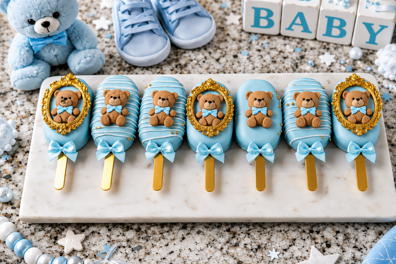Blue baby shower cakesicles with teddy bears and bow details