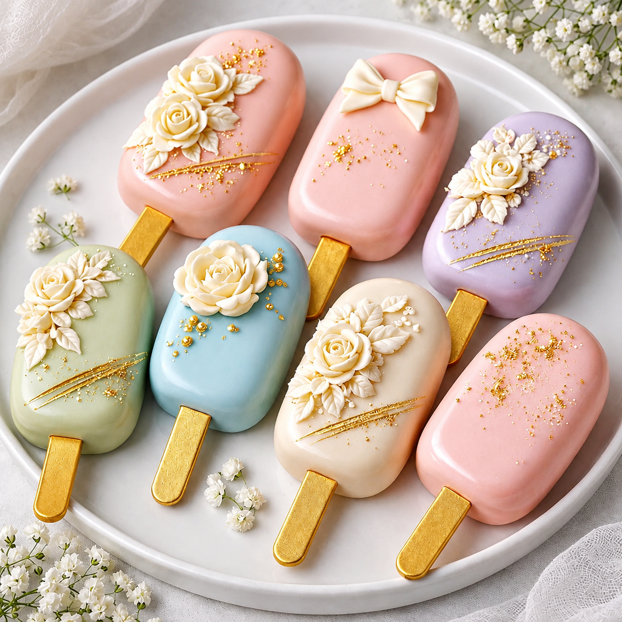 Six pastel cakesicles with white sculpted roses, gold leaf, and ivory bows on a white plate with baby's breath