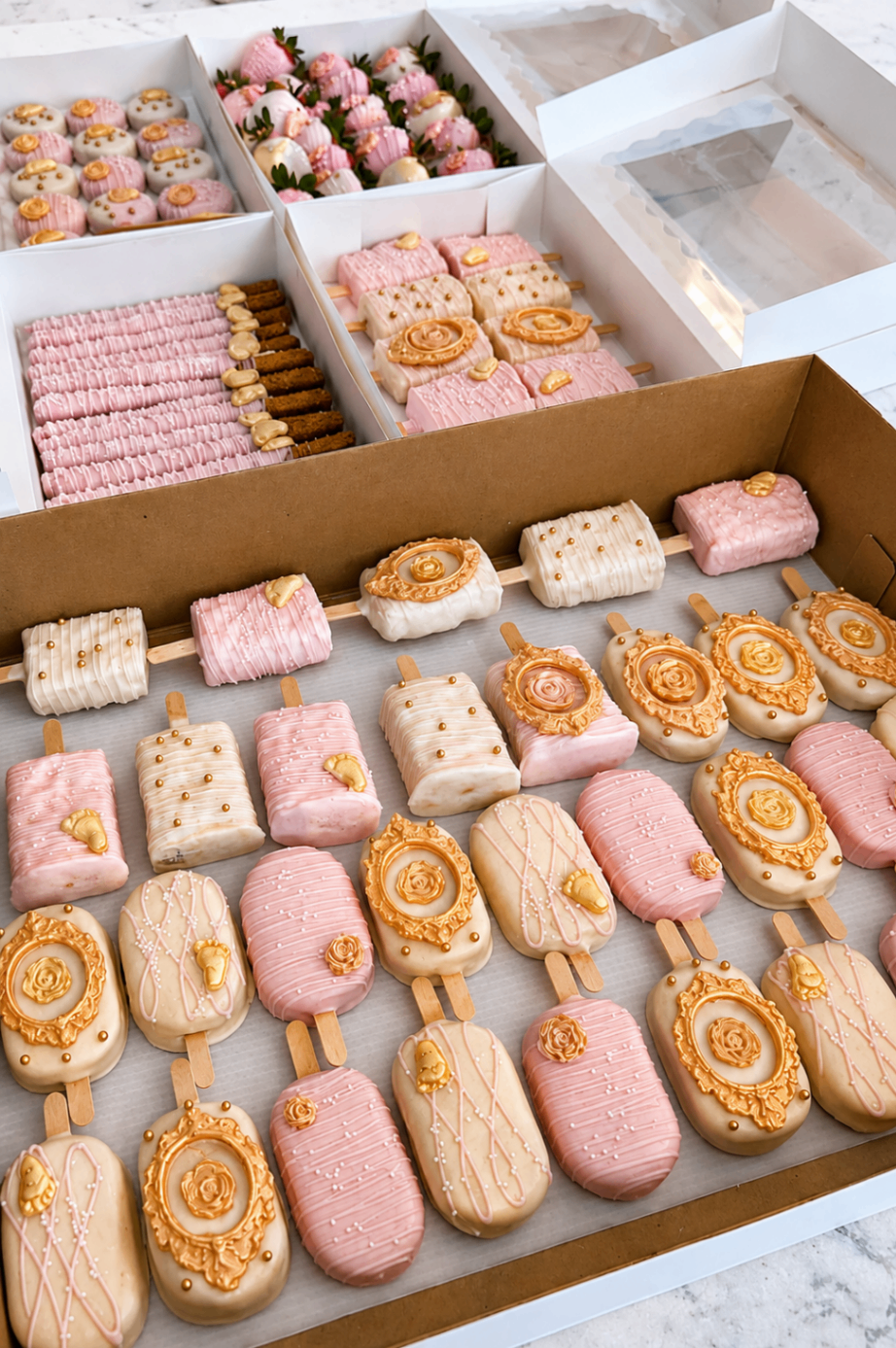 Large party order featuring blush and gold dipped rice crispies and matching treats